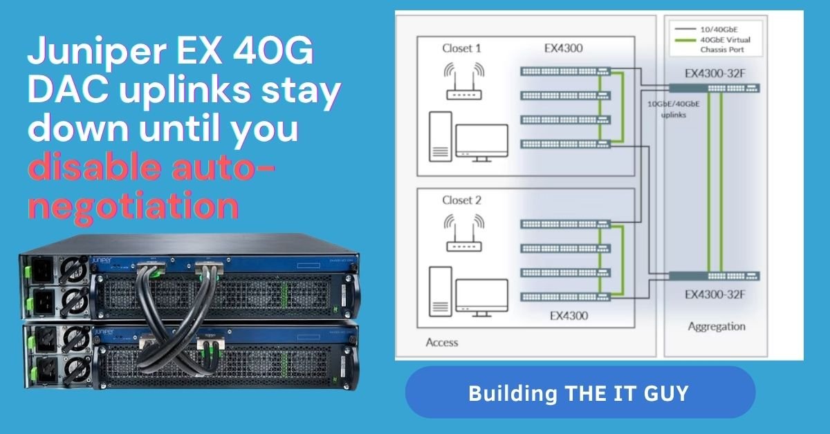 Juniper EX4300 and EX4600 connected by a 40G QSFP+ DAC cable with the no-auto-negotiation and speed 40g fix for a down uplink